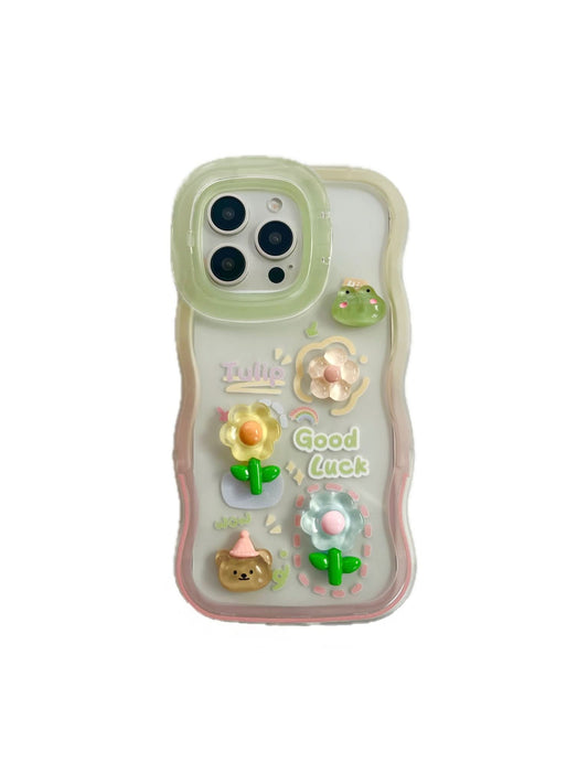 Green Cute Kawaii Aesthetic Phone Case with 3D Flowers and Animals – Protective iPhone Cover