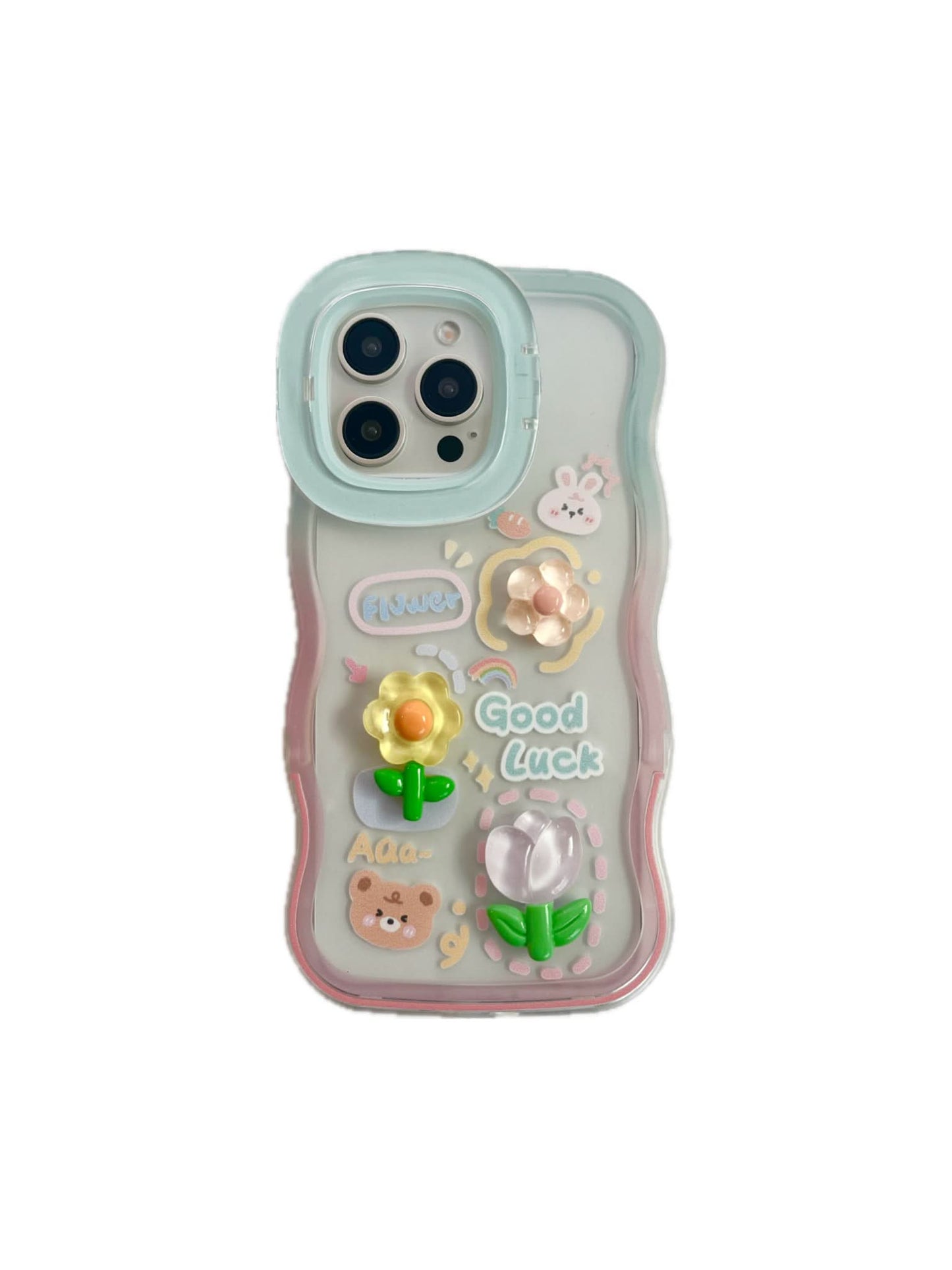 Blue Cute Kawaii Aesthetic Phone Case with 3D Flowers and Animals – Protective iPhone Cover